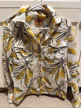 Tory Burch Yellow and Black Floral-Print Button-Down Shirt